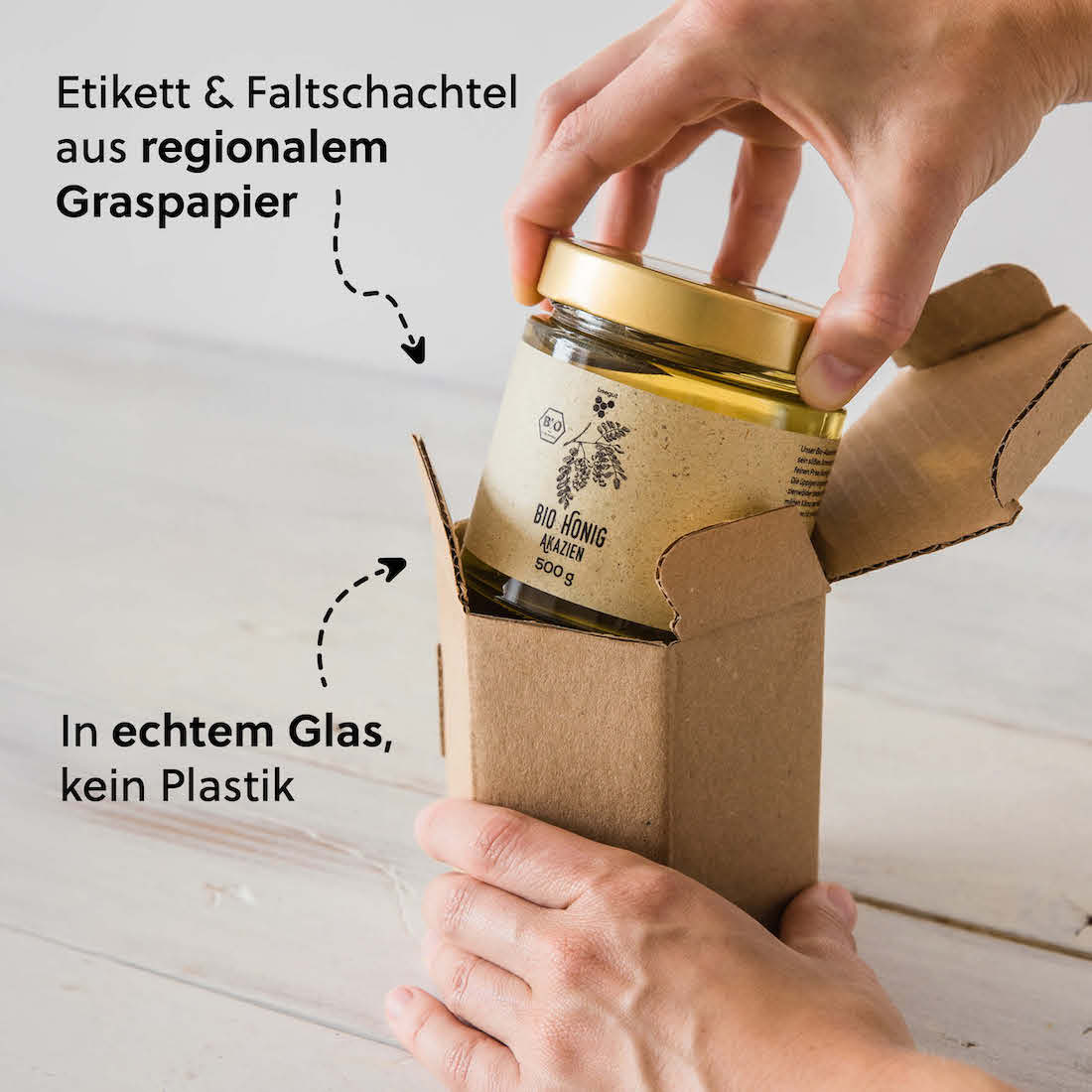 Nachhaltige Verpackung=>Das wiederverwendbare Glas wird mit einem nachhaltigen Graspapier-Etikett versehen und in einer Karton-Schutzverpackung an dich versendet.