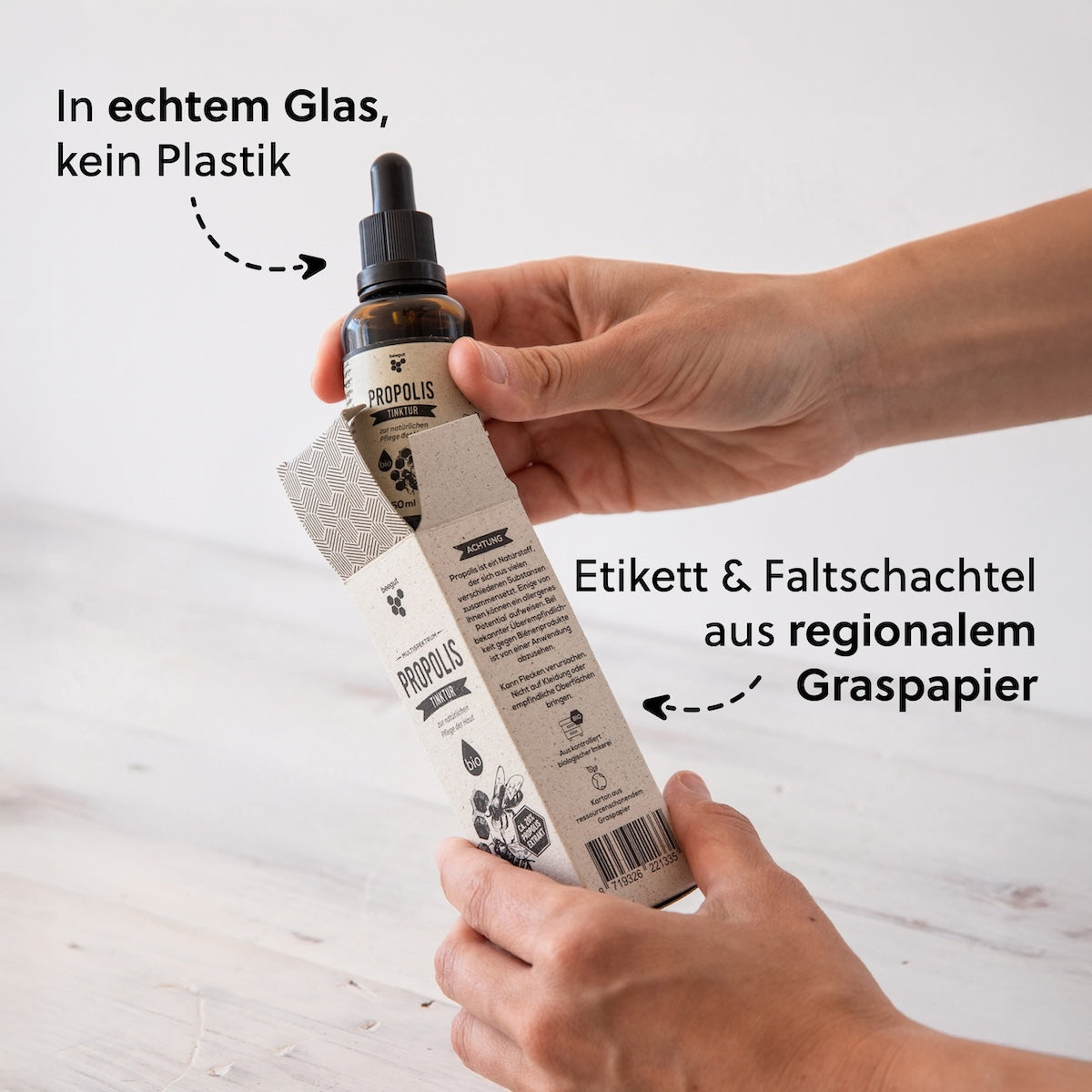 Nachhaltige Verpackung=>Die Verpackung ist aus Glas (keine Plastikflasche), Etikett & Faltschachtel aus ressourcenschonendem & regionalem Graspapier.