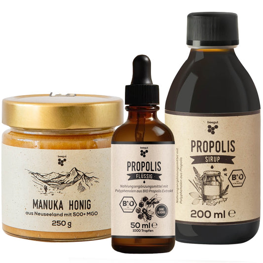 Das Beste von der Biene=>Die natürliche Kombination aus Propolis Tinktur, Manuka Honig und Propolis Sirup, die in keinem Familienhaushalt fehlen darf.