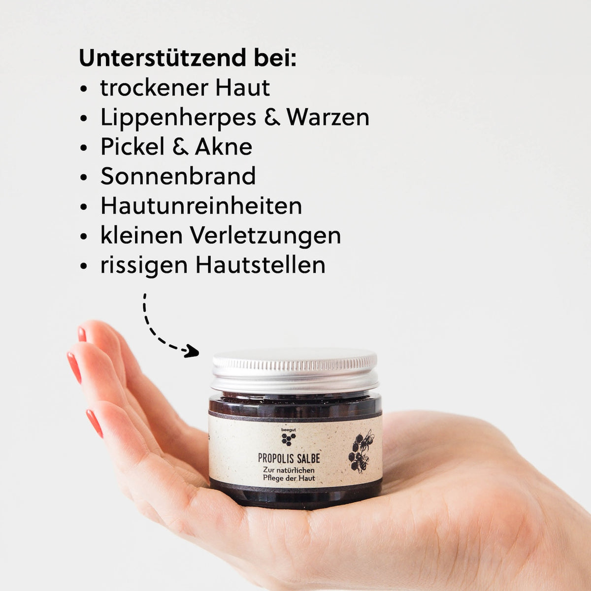 Natürliche Hautpflege=>Die Propolis Salbe schützt und pflegt deine beanspruchten und gereizten Hautstellen auf natürliche Weise. Einfach anzuwenden und hinterlässt ein angenehmes Gefühl auf der Haut.
