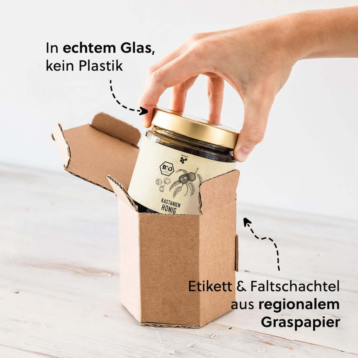 Nachhaltige Verpackung=>Das wiederverwendbare Glas wird mit einem nachhaltigen Graspapier-Etikett versehen und in einer Karton-Schutzverpackung an dich versendet. 