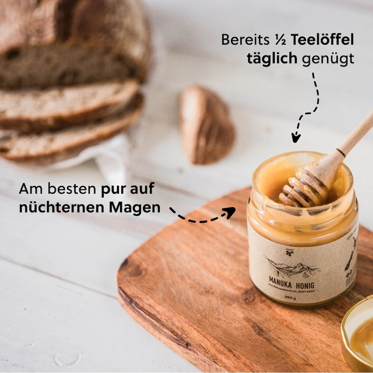 Vielfältige Verwendung=>Manuka Honig kann innerlich pur eingenommen, in warmen Getränken verrührt oder als Zutat in Speisen wie Joghurt, Müsli oder Smoothies verwendet werden.
