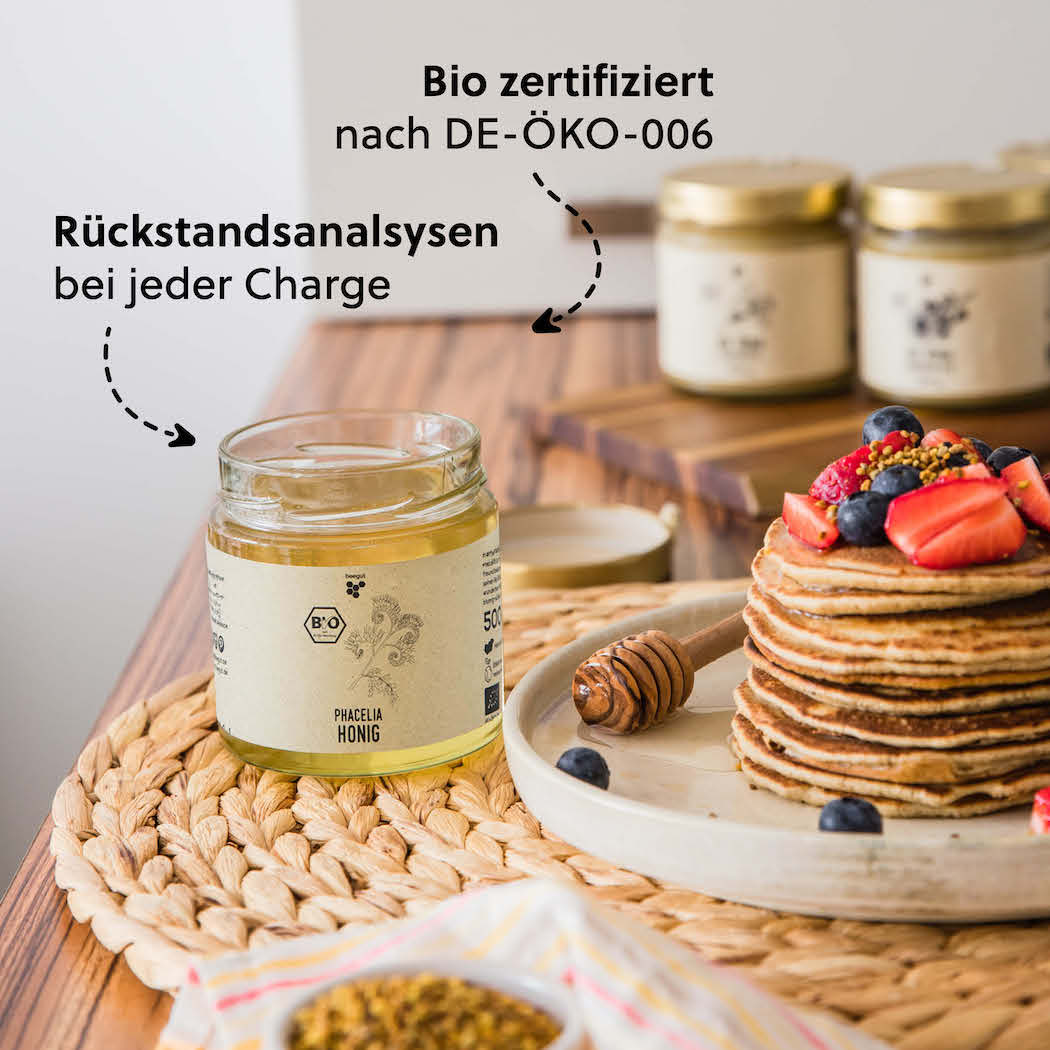 Unser Qualitätsversprechen=>Jede Charge wird in einem für Bienenprodukte spezialisierten Labor in Deutschland auf Pestizide und Schwermetalle analysiert. 
