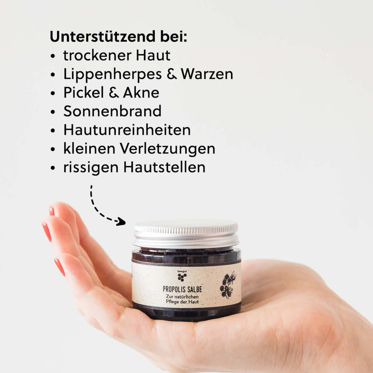 Schützt & Pflegt=>Die Propolis Salbe schützt und pflegt deine beanspruchten und gereizten Hautstellen auf natürliche Weise. Einfach anzuwenden und hinterlässt ein angenehmes Gefühl auf der Haut.